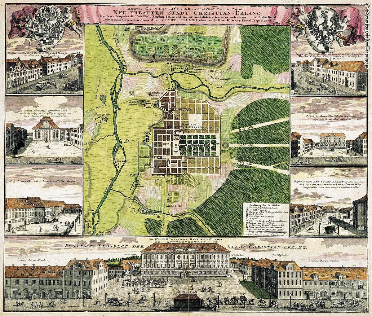 Homann-Stadtplan mit sieben Randbildern von 1721 Accurater Grundris und Gegend der Hoch-Fürstl. Brandenb. Bayreuth Neu erbauten (c) Stadtarchiv Erlangen